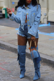 Blue Casual Rivets Turndown Collar Long Sleeve Irregular Denim Jacket