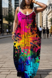 Black Gold Graphics Print Backless Spaghetti Strap Floor Length Vacation Baggy Sundress Maxi Slip Dress
