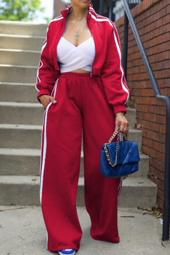 Black Casual Stripe Print Pocket Zipper Collar Long Sleeve Sweatshirt And Wide Leg Pants Sportwear Two Pieces Jogger Set