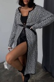 Khaki Casual Geometry Print Cardigan Long Sleeve Cardigan Knitted Sweater Coat