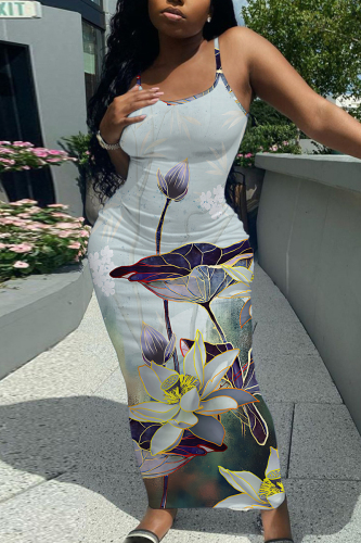 Black Red Floral Print Sleeveless Backless Spaghetti Strap Square Neck Vacation Bodycon Maxi Slip Dress