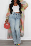 Blue Casual High Waist Regular Distressed Denim Jeans