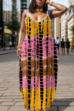 Blue Graphics Print Backless Spaghetti Strap Floor Length Vacation Baggy Sundress Maxi Slip Dress
