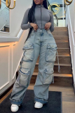 Blue Street Pocket Zipper Mid Waist Loose Straight Cargo Denim Jeans