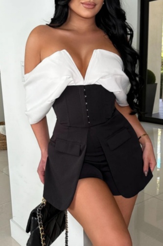 Black Off Shoulder Corset Waist Deep V Neck Fitted Formal Office Lady Evening Party Rompers