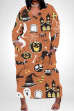 Black White Casual Halloween Skull Graffiti Print V Neck Long Sleeve Pokcets Vacation Loose Straight Maxi Dress