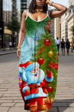 Red Christmas Graphics Print Backless Spaghetti Strap Floor Length Vacation Baggy Sundress Maxi Slip Dress