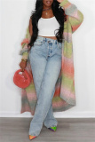 Blue Casual High Waist Regular Distressed Denim Jeans