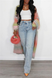 Blue Casual High Waist Regular Distressed Denim Jeans