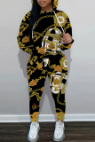 Black White Chain Print Long Sleeve Hooded Sweatshirt And Drawstring Pants Sportwear Casual Two Pieces Sweatpant Set
