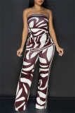 Reddish Brown Casual Graphics Print Backless Strapless Sleeveless Slit Tube Tops And Flare Leg Pants Vacation Two Pieces Trouser Sets