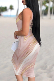Brown Casual Graphics Print U Neck Sleeveless Vacation Bodycon Midi Tank Dress
