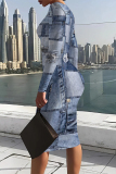Dark Blue Street Faux Denim Print Half A Turtleneck Long Sleeve Bodycon Midi Dresses
