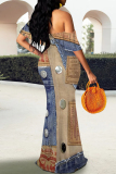 Dark Blue Faux Denim Print Off Shoulder Long Flutter Sleeve Mermaid Hem Vacation Boho Maxi Dress