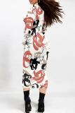 White Gray Street Floral Print Half A Turtleneck Long Sleeve Bodycon Maxi Dresses