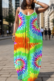 Black Gold Graphics Print Backless Spaghetti Strap Floor Length Vacation Baggy Sundress Maxi Slip Dress