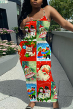 Yellow Christmas Sleeveless Santa Claus Snowman Print Backless Spaghetti Strap Long Bodycon Maxi Slip Dress