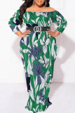 Orange Floral Print Leopard Off Shoulder Long Sleeve Plus Size Bodycon Maxi Dress
