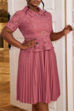 Bean Paste Pink Casual Lace Flower Print Turndown Collar Short Sleeve Formal Party Evening Pleated Midi Dress