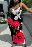Black Red Floral Print Sleeveless Backless Spaghetti Strap Square Neck Vacation Bodycon Maxi Slip Dress