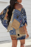 Dark Blue Casual Faux Denim Print Flutter Sleeve Off Shoulder Irregular Plus Size Mini Dresses