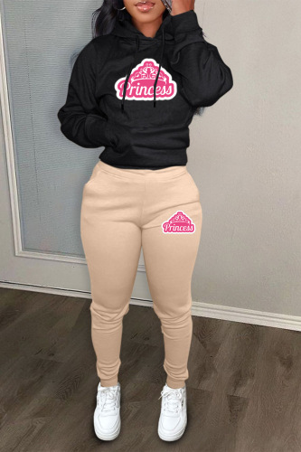 Dark Green Casual Letter Print Pocket Hooded Sweatshirt And Drawstring Pants Sportwear Casual Two Pieces Sweatpant Set