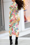 White Gray Street Floral Print Half A Turtleneck Long Sleeve Bodycon Maxi Dresses