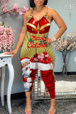 Claret Christmas Print Sleeveless Backless Daily Vacation Loose Cami Harem Jumpsuit