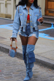 Blue Casual Rivets Turndown Collar Long Sleeve Irregular Denim Jacket