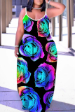 Purple Floral Print Backless Spaghetti Strap Floor Length Vacation Baggy Sundress Maxi Slip Dress