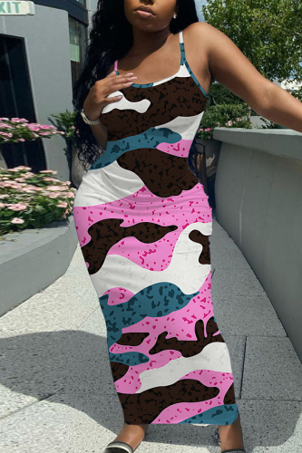 Pink Camouflage Graphic Print Sleeveless Backless Spaghetti Strap Long Bodycon Maxi Slip Dress
