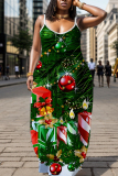 Red Christmas Graphics Print Backless Spaghetti Strap Floor Length Vacation Baggy Sundress Maxi Slip Dress