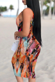Leopard Street Geometric Lips Print U Neck Sleeveless Vacation Bodycon Midi Tank Dress