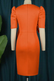 Orange Red 3D Flower Decor Deep V Neck Puffy Sleeve Ruffled Tiered Formal Wedding Party Wrapped Midi Dress