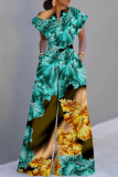 Black Floral Print V Neck Short Sleeve Casual Vacation Wide Leg Jumpsuit
