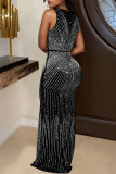 Black Hot Drilling Sleeveless V Neck Long Formal Evening Party Bodycon Maxi Dress