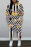 Black White Chain Print Long Sleeve Hooded Sweatshirt And Drawstring Pants Sportwear Casual Two Pieces Sweatpant Set
