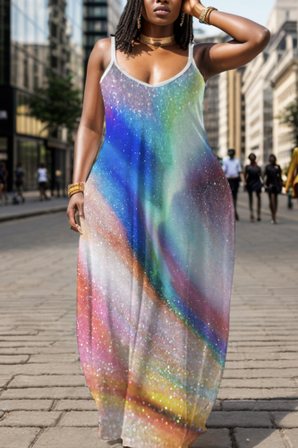 Blue Graphics Print Backless Spaghetti Strap Floor Length Vacation Baggy Sundress Maxi Slip Dress