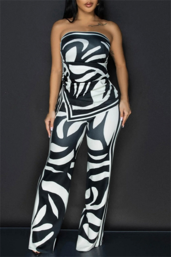 Reddish Brown Casual Graphics Print Backless Strapless Sleeveless Slit Tube Tops And Flare Leg Pants Vacation Two Pieces Trouser Sets