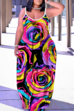 Purple Floral Print Backless Spaghetti Strap Floor Length Vacation Baggy Sundress Maxi Slip Dress
