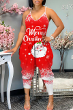 Claret Christmas Print Sleeveless Backless Daily Vacation Loose Cami Harem Jumpsuit