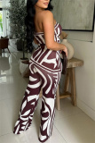 Reddish Brown Casual Graphics Print Backless Strapless Sleeveless Slit Tube Tops And Flare Leg Pants Vacation Two Pieces Trouser Sets
