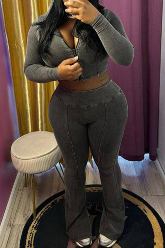 Dark Gray Casual Zipper Collar Long Sleeve Crop Tops And Sweatpants Sportwear Two Pieces Jogger Sets