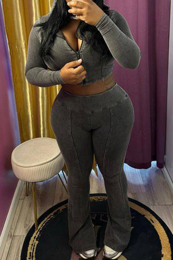 Dark Gray Casual Zipper Collar Long Sleeve Crop Tops And Sweatpants Sportwear Two Pieces Jogger Sets