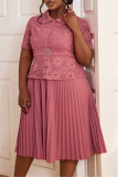 Bean Paste Pink Casual Lace Flower Print Turndown Collar Short Sleeve Formal Party Evening Pleated Midi Dress