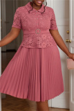 Bean Paste Pink Casual Lace Flower Print Turndown Collar Short Sleeve Formal Party Evening Pleated Midi Dress