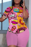 Pink Casual Graphics Print O Neck Short Sleeve Oversize T Shirt and Shorts Sportwear Plus Size Two Piece Matching Set