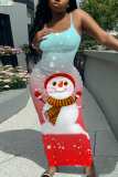 Yellow Christmas Sleeveless Santa Claus Snowman Print Backless Spaghetti Strap Long Bodycon Maxi Slip Dress