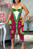 Claret Christmas Print Sleeveless Backless Daily Vacation Loose Cami Harem Jumpsuit