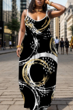 Black Gold Graphics Print Backless Spaghetti Strap Floor Length Vacation Baggy Sundress Maxi Slip Dress